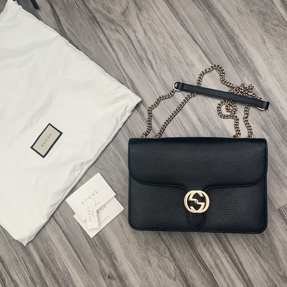 Gucci Interlocking Black W/ Gold Hardware Double … - image 1